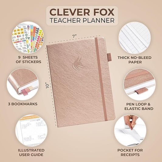 Clever Fox Teacher Planner – School Year Planner with Calendars & Lesson Plans – Teacher Plan Book for Classroom & Homeschool Organization - Undated, 7x10″, Hardcover (Rose Gold)
