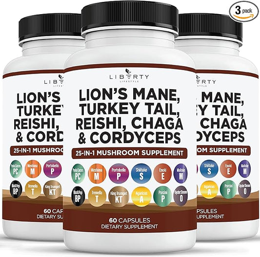Lions Mane Mushroom Supplement with Turkey Tail Reishi Cordyceps Chaga with Marshmallow Root - 3-Pack