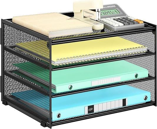 Lavatino 3-Tier Letter Tray Desk Paper Organizer – Black Mesh Metal File Tray Organizer for Desk, Office Supplies & Home Organization | Fits A4/Letter Paper, Mail, Magazines and Office Accessories