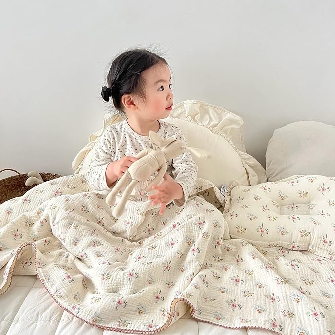BuLuTu Large Cotton Muslin Kids Toddler Throw Blanket - 47''x51'' Reversible Lightweight Azalea Little Flower Thin Summer Quilt Baby Quilt for Crib Bed,Stroller,Travel,White