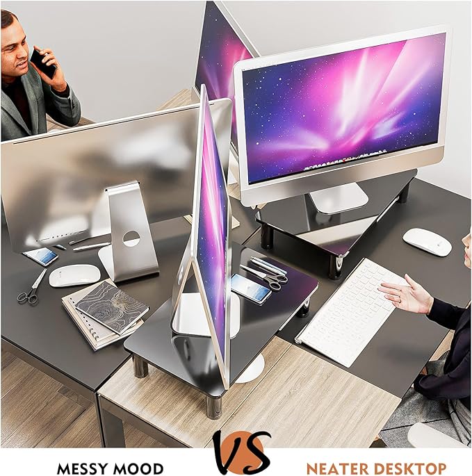 2 Pack Computer Monitor Stand Riser with Height Adjustable Multi Media Desktop Stand for Flat Screen LCD LED TV, Laptop/Notebook/Xbox One, Black HD01B-202