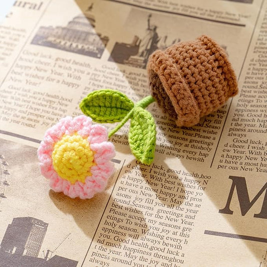 Handmade Crochet Flowers, Small Potted Plants, Knitted Desk Decorations for Home Office Decor, 5 Inches Pink Artificial Flower (Sunflower)