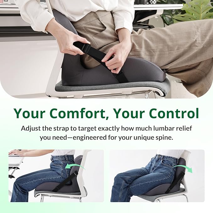 One-Piece Memory Foam Seat & Back Cushion - Lumbar Support, Adjustable Strap, Non-Slip Bottom - Breathable Removable Cover for Office Chair, Car, Truck (Grey)