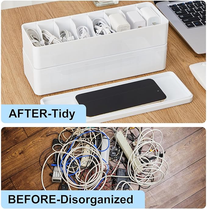 Tatuo 4 Pcs Cable Organizer Box with Wire Ties, Plastic Cord Storage Box with Lid, Electronics Organizer for Home Office Desk Organizers and Accessories (10.79'' X 3.78'' X 1.97'',White)