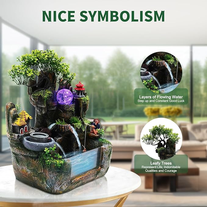 Tabletop Rockery Fountains, Indoor Waterfall Bonsai Desktop, Water Sound Desk Decoration, Mini Rockery Water Fountain with LED Light, With Rockery, Trees, A Stone Mill, And Houses, Home Office Bedroom
