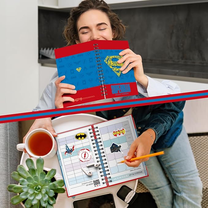 Hardcover Spiral Notebook Journal with 12 Dividers Tabs,Weekly & Monthly Planner,Productivity Journal,Superhero Theme,Leather Organizer for Work,School,Adults,Teens and Professionals (SUPERM-Logo)