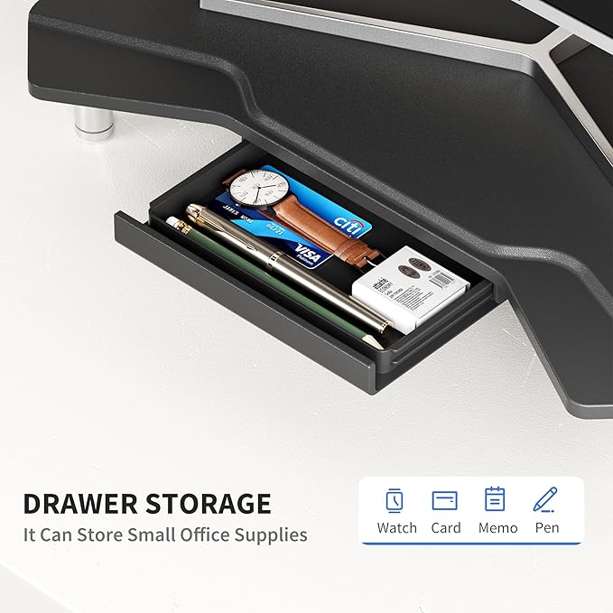 Monitor Stand Riser Black,Plane Wing-Shaped Sturdy Computer Stand Ergonomic Desk Organizer Riser Wood Monitor Stand with Drawer for Laptop, Computer,16.5 Inch