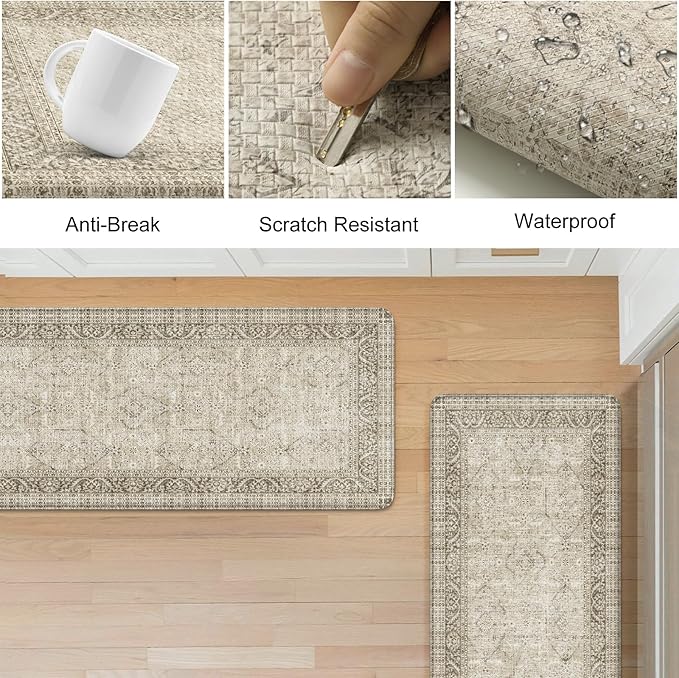 KIMODE Farmhouse Anti Fatigue Kitchen Mat,Vintage Brown Kitchen Rugs Sets of 2,Non Slip Waterproof Kitchen Floor Mats,Ergonomic Cushioned Comfort Standing Mat for Laundry,Office, Sink,Desk