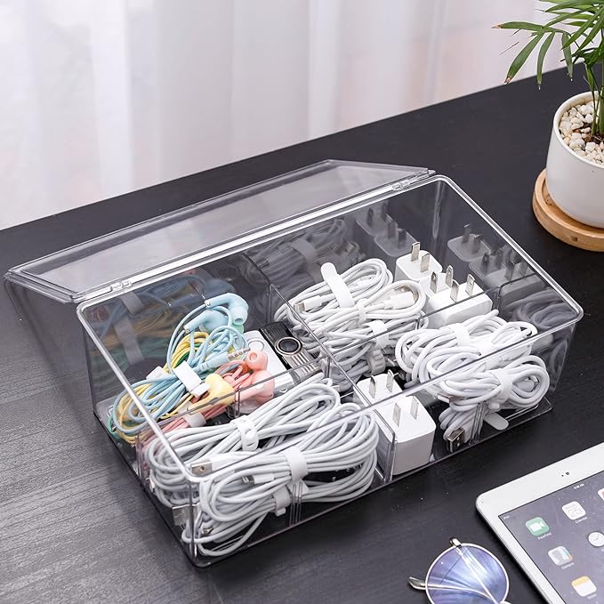 Yesesion Clear Plastic Cord Organizer Box with Adjustment Compartments, Large Cable Management Case with Lid and 10 Wire Ties for Desk Drawer, Home Office, Art Supply, Electronic Accessories (1 Pack)