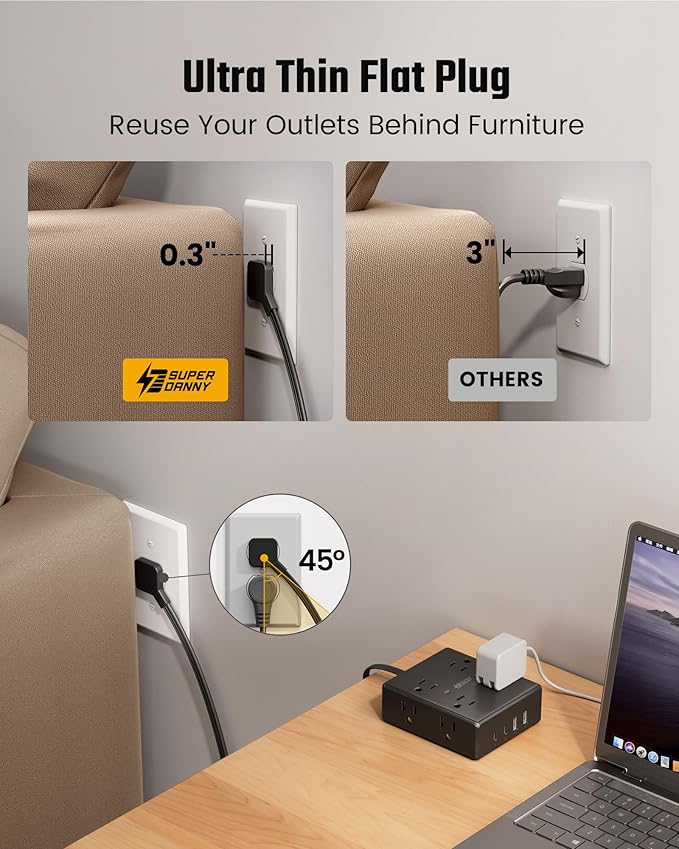 6Ft Extension Cord with Multiple Outlets, Flat Plug Power Strip Surge Protector, 8 Outlet 4 USB Ports (2 USB C), Wall Mountable, Desk Charging Station for Home Office, College Dorm Room Essentials