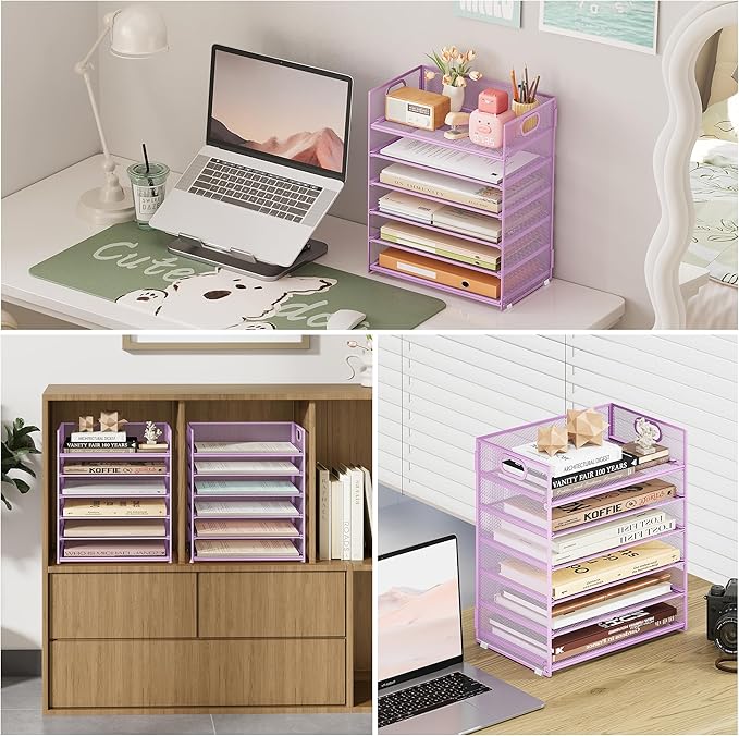 Subekyu 6 Tier Paper File Tray Organizer for Desk, Purple Mesh Desk Letter Paper File Folder Accessories Sorter Organizer with Handle, Stackable Slide Tray for Office, Home or School Supplies Storage