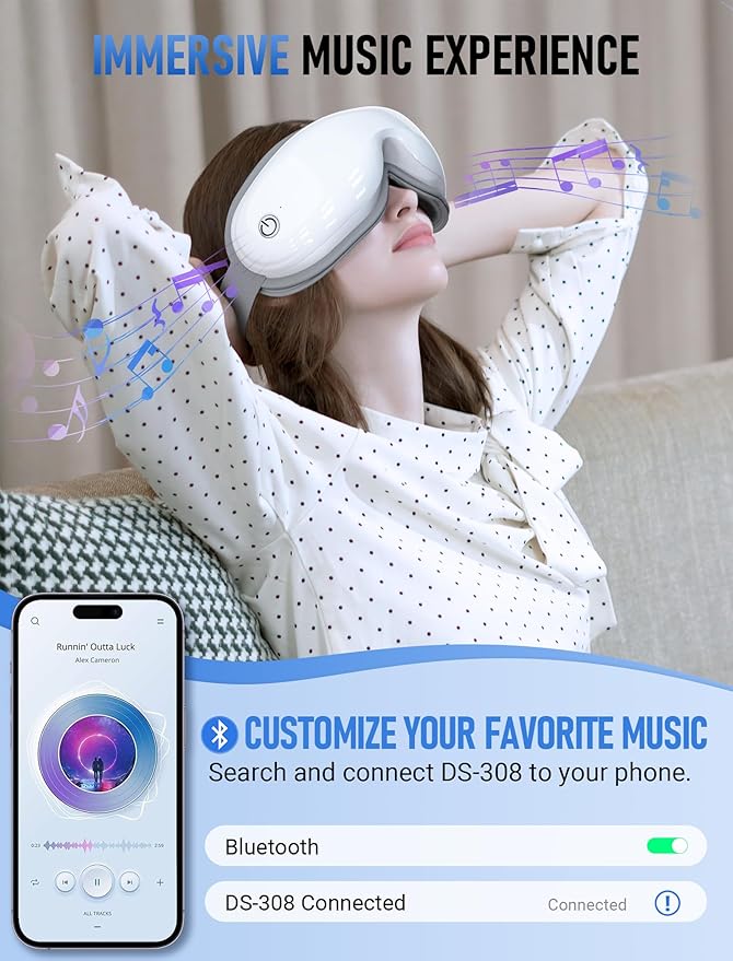 Eye Massager with Bluetooth Music, Heating & Vibration-Wireless Massage Mask for Relieving Dry Eyes, Eye Strain & Headaches, Promote Sleep, 180° Foldable, Travel, Office Users