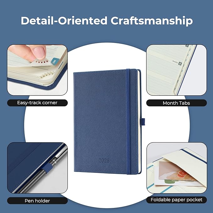 IN-LUXPRO Weekly Monthly 2026 Planner (Jan.26-Dec.26),8.5"x6.5",12 Months Agenda Plan with Month Tabs & Pocket,Expenses/Note Pages, Appointment Book Calendar with Hardcover Vegan Leather Cover,Blue