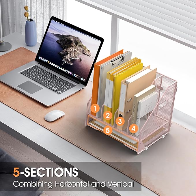 Desk File Folder Holder Organizer-4 Vertical Compartments Racks and Paper Letter Tray,Mesh Magazine File Holder Sorter,Desktop Accessories & Workspace Organizers for Home,Office,School-Pink