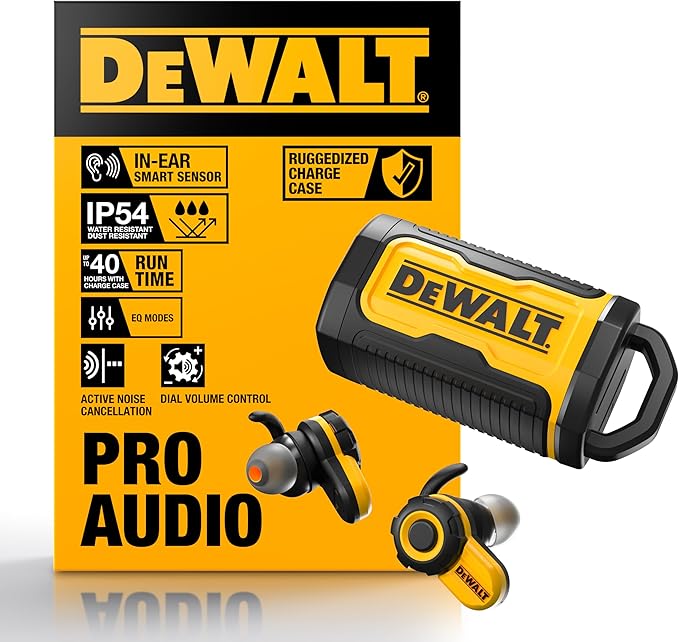 DEWALT Heavy Duty Bluetooth Jobsite Pro X2 ANC True Wireless Earbuds, Active Noise Cancelling Work Earbuds, Turn Dial Controls, 10Hr Runtime (40+ w/Case), 4 EQ Modes, IP54