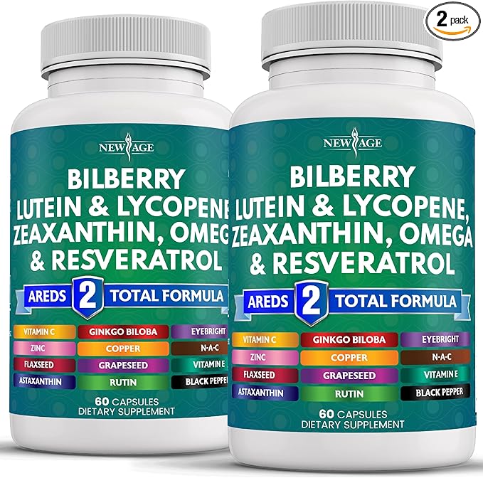 NEW AGE Eye Health Vitamins with Bilberry 300mg Lutein & Zeaxanthin 40mg Lycopene 40mg Resveratrol 100mg Grape Seed Extract 200mg Astaxanthin - Eye Vitamin -120 Count