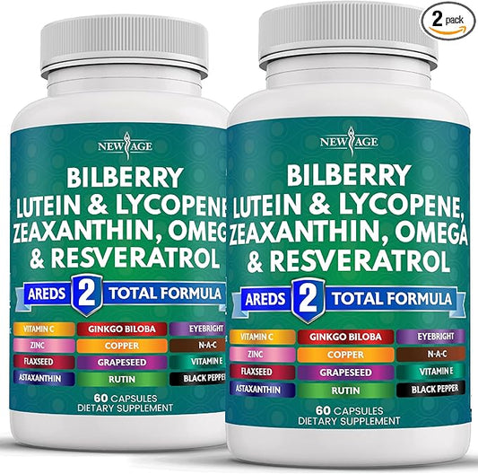 NEW AGE Eye Health Vitamins with Bilberry 300mg Lutein & Zeaxanthin 40mg Lycopene 40mg Resveratrol 100mg Grape Seed Extract 200mg Astaxanthin - Eye Vitamin -120 Count