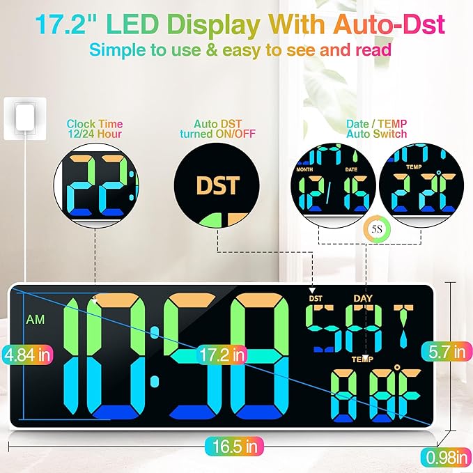 Large Digital Wall Clock Large Display 17.2" Big Digital Timer with 9 Groups Timer Remote Control for Gym Classroom 10 Colors Available for LED Wall Clock with Temperature Date Week DST Dynamic RGB