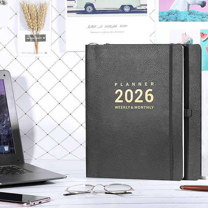 2026 Planner - 2026 Planner Weekly and Monthly, January 2026 - December 2026, 8.5" x 11", Pen Holder, Calendar Stickers, Pocket, 25 Notes Pages, Faux Leather Cover, A4 Premium Paper - Gray