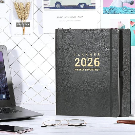 2026 Planner - 2026 Planner Weekly and Monthly, January 2026 - December 2026, 8.5" x 11", Pen Holder, Calendar Stickers, Pocket, 25 Notes Pages, Faux Leather Cover, A4 Premium Paper - Gray