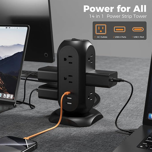 TESSAN Surge Protector Power Strip Tower with 3 USB Ports 11 Outlets, 1875W/15A, Black Extension Cord 6 Feet, 1050J Protection Desktop Charging Station for Office School Dorm Room Essentials