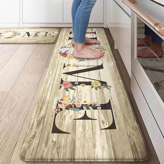 KIMODE Kitchen Floor Mats Cushioned Anti Fatigue,Farmhouse Floral Rugs Sets of 2,Memory Foam Carpet Non Slip,Long Sink Runner for Bathroom Laundry Office,Beige 17"x59"+17"x29"