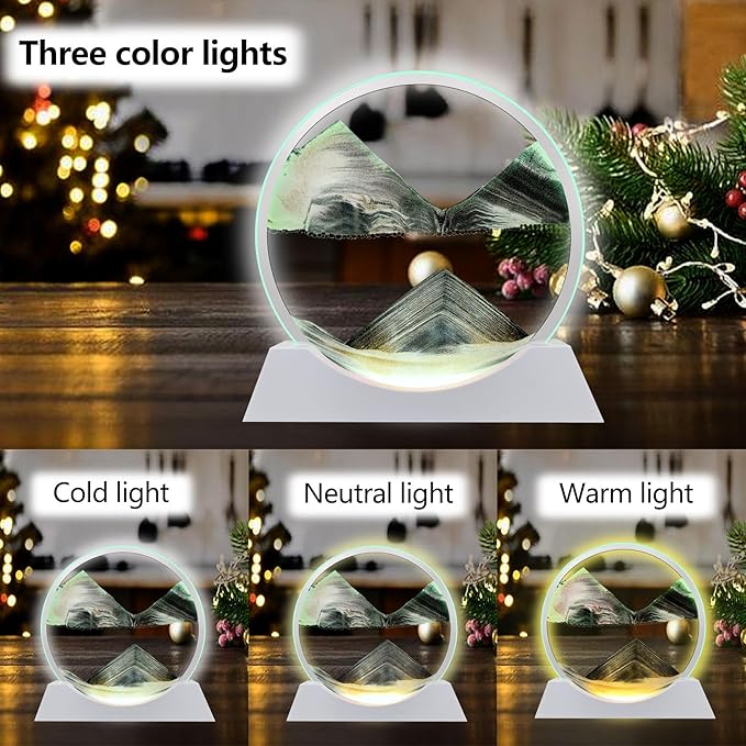 Aoderun 12" Moving Sand Art Liquid Motion with Light 3 Color Changing Moving Sand Art Picture Round Glass 3D Deep Sea Sand Art Sandscapes for Adult Relaxing Toys Desktop Home Office(Black)