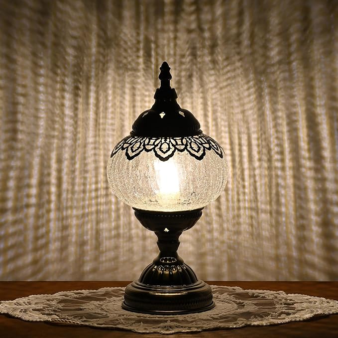 Turkish Moroccan Table Lamp Lantern with Handmade Mosaic Glass Lampshade Tiffany Style Bohemian Stained Glass Decorative Desk Lamps Bedside Night Lights for Bedroom (White 1)