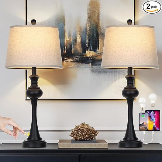 28.75" Black Table Lamps Modern 3-Way Dimmable Bedside Lamp with USB A+C Ports & AC Outlets for Living Room Bedroom Nightstand Lamp,Beige Fabric Shade Mid Century Accent Style