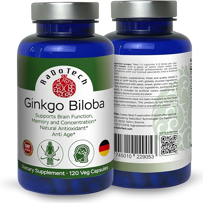 Ginkgo Biloba, Memory, Focus & Brain Function Support, Antioxidant-Rich, Plant-Based, GMP, Herbal Nootropic Vegetarian Capsules, 120 Count (Pack of 1)