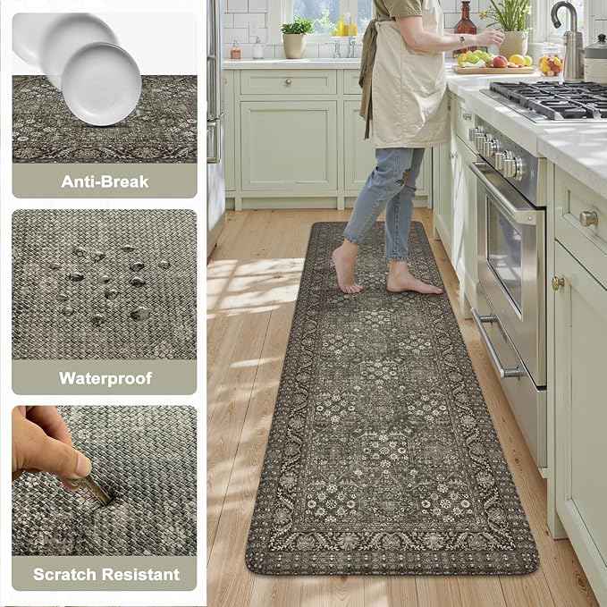 KIMODE Anti Fatigue Mats for Kitchen Floor 24"x71", Grey/Green Farmhouse Kitchen Runner Rugs, Cushioned Kitchen Floor Mat Non Skid, Memory Foam Kitchen Mat for Laundry Office Sink Desk