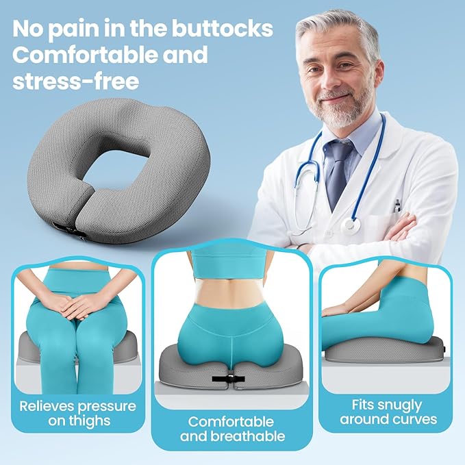 Benazcap Donut Pillow Seat Cushion for Tailbone Pain Relief, Memory Foam Hemorrhoid Pillow by Ergonomic for Coccyx, Sciatica, Pregnancy, Postpartum-Grey