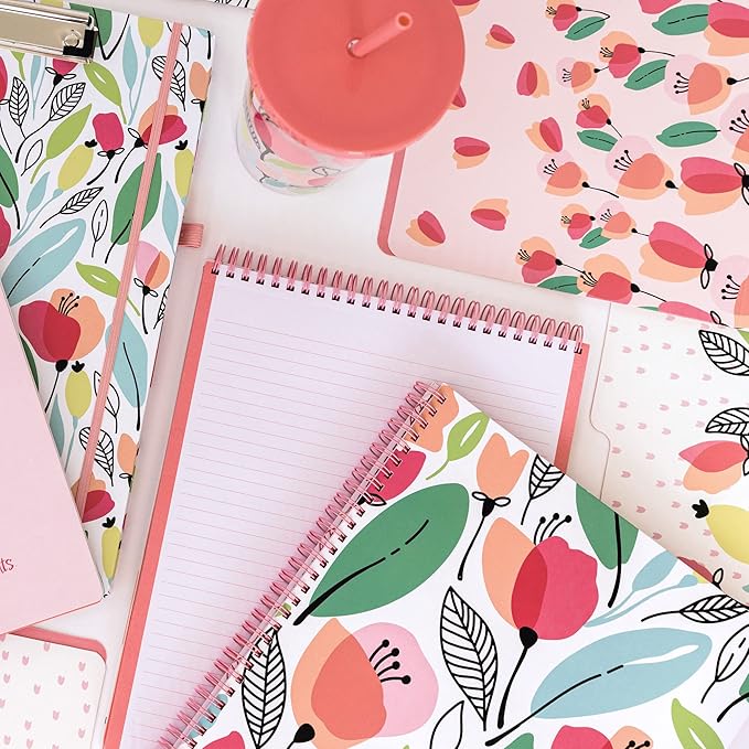 Steel Mill & Co Cute Large Spiral Notebook College Ruled, 11" x 9.5" with Durable Hardcover and 160 Lined Pages, Pink Poppy