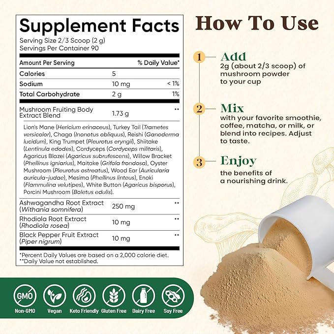 Fidus 16 Mushroom Supplement Powder with 17,300mg, 90 Servings Mushroom Coffee Alternative for Immunity, Focus & Energy with Ashwagandha, Lion's Mane, Chaga, Reishi and Cordyceps, 100% Fruiting Bodies