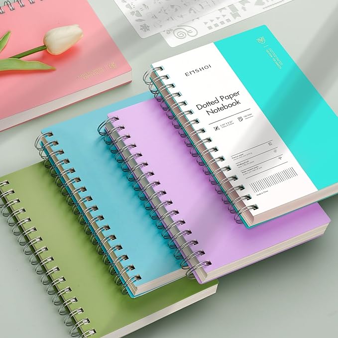 EMSHOI Spiral Dotted Notebook, Dot Grid Journal, 5.7"x8.22" A5 Size, 300 Pages/150 Sheets 100gsm Thick Paper, Waterproof Hardcover for Office, School, Work, Writing, Bullet Journaling (Green)