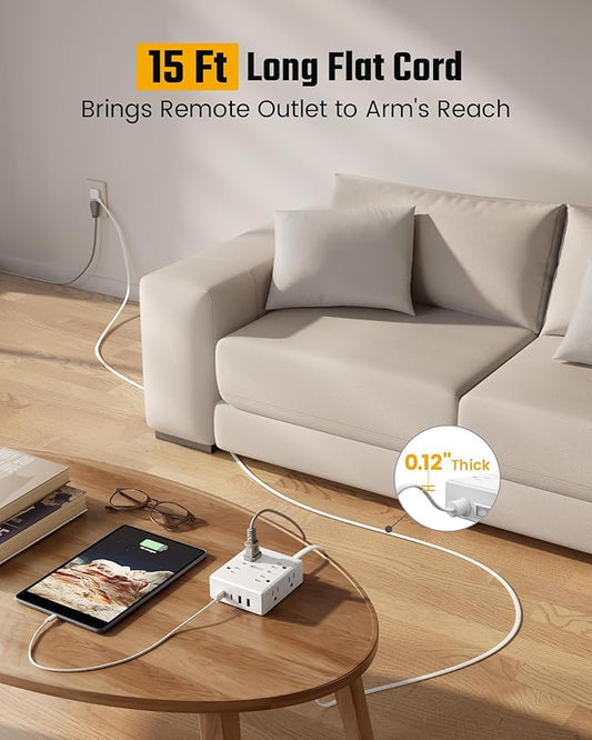 15Ft Long Extension Cord, Surge Protector Power Strip with 8 Outlets & 4 USB Ports (2 USB C), Flat Plug Power Strip Wall Mountable, Desk Charging Station for Home Office, College Dorm Room Essentials