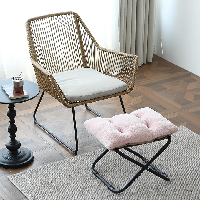 LITA Folding Footrest Stool, Portable Ottoman Foot Rest, Upholstered Small Foldable Ottoman Stool with Detachable Thick Cotton Cushion Padded Sofa Stool for Living Room, Bedroom, Plush Pink