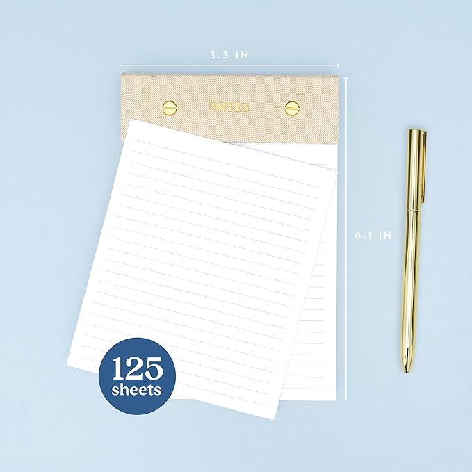 ELYN Lined Notepad, Aesthetic Linen Memo Pad with Matching Gold Gel Pen, 125 Sheets, 8.1 x 5.3 in - 100 GSM Premium Thick Paper, Perforated Pages & Hard Linen Backing, for Work, School or Home (Blue)