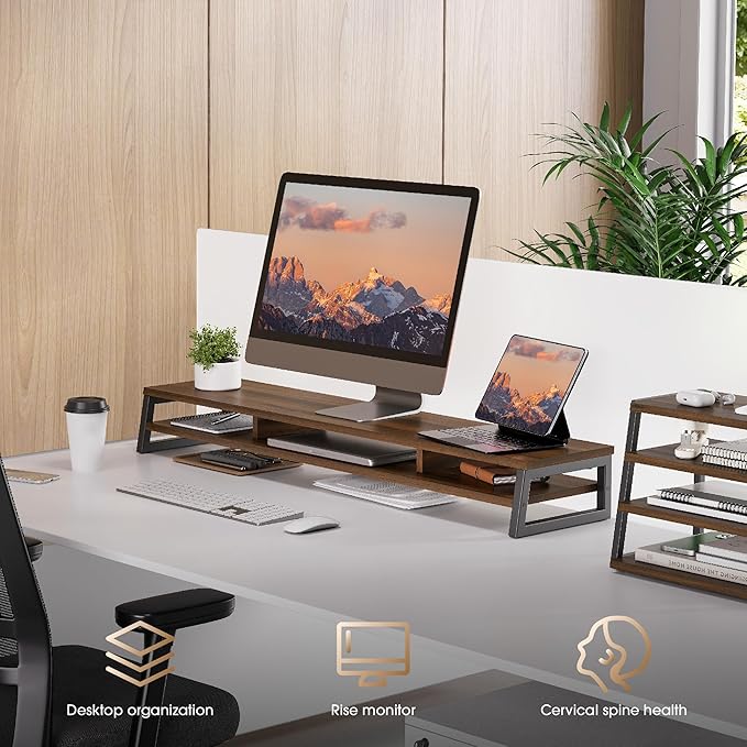 Fenge Dual Monitor Stand for Desk, 42.5in Large Monitor Riser for 2 Monitors, 2 Tier Computer Office Desk Top Shelf, Desktop Storage Stand for Laptop, PC, Computer, Printer