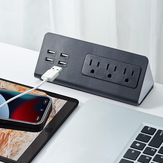 Desk Edge Mount Power Strips with USB Ports-UL Plug Outlets 1250 Joulets Surge Protector Tabletop Power Sockets for Nightstand/Home Office/Dormitory 4 USB Ports & 3AC Outlets
