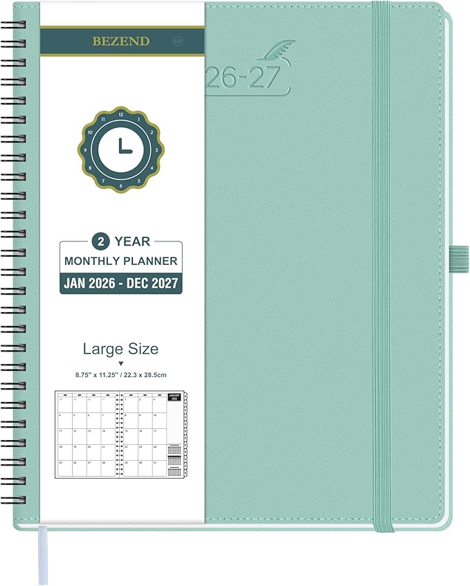 BEZEND Monthly Planner 2026-2027 (Spiral-8.5" x 11") 2 Year Calendar Book with Note Pages - Jan 26 to Dec 27-120 GSM Paper, Inner Pockets, Laminated Tabs, Vegan Leather Softcover - Mint Green