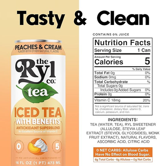 Ryl Iced Tea, Peaches & Cream Tea, Antioxidant Superblend, Zero Sugar, Low Carb, Zero Calorie Iced Tea, 16.0 Fl Oz (12-Pack)