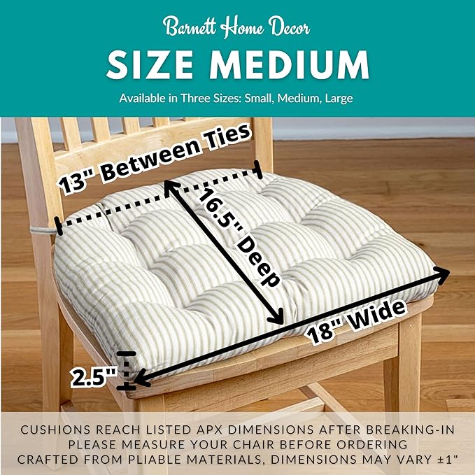 Barnett Home Decor Dining Chair Cushions with Ties – Size Medium 16.5 x 18 - Latex Foam Fill, 100% Cotton, Machine Washable Chair Pads for Kitchen Chairs, Made in USA (Madrid Natural/Pack of 2)