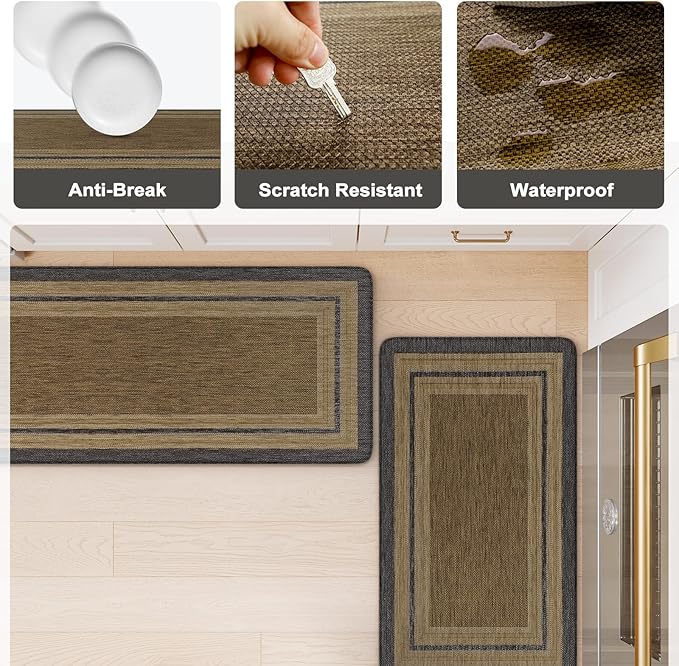 KIMODE Anti Fatigue Mats for Kitchen Floor 17.3"x29"+17.3"x59", Farmhouse Kitchen Rugs Sets of 2, Memory Foam Kitchen Mat for Floor, Comfort Standing Mats for Laundry Office Sink Desk Grey/Brown
