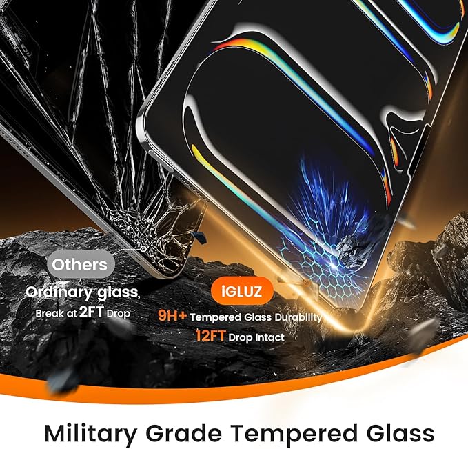 iGluz 2 Pack for iPad Pro 11-inch M4 7th Gen(2024) 9H+ Tempered Glass Screen Protector with Easy-Install Box[12FT Military Grade Shatterproof] Apple Pencil Compatible,HD Clarity,Scratch Resistant