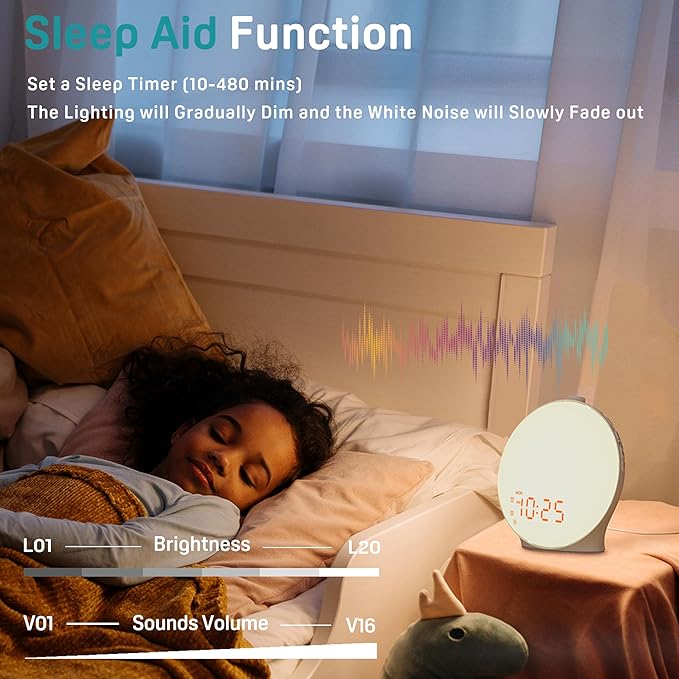 Sunrise Alarm Clock White Noise Sound Machine with 25 Soothing Sounds, 17 NightLights, Bluetooth Speaker Wake Up Light Alarm Clock for Bedrooms, Heavy Sleepers, Baby, Kids, Adults, Seniors, Ideal Gift