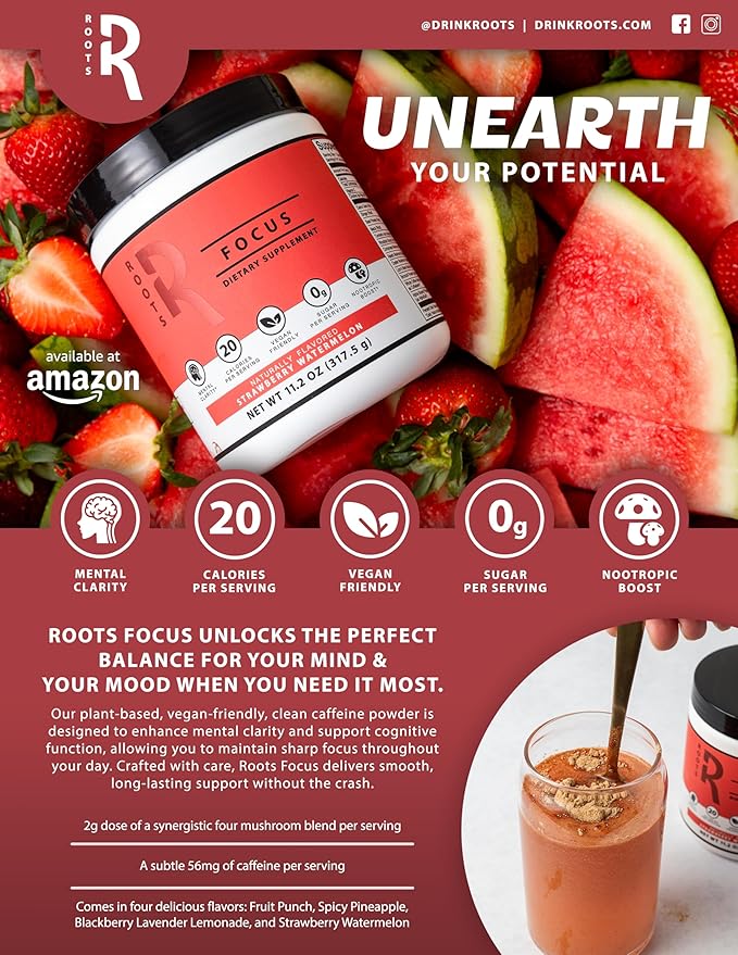 Roots Focus Nootropic Brain Supplement - Spicy Pineapple, Blend of Lion's Mane, Cordyceps, & Reishi Functional Mushrooms + Extended-Release Caffeine, 50 Servings
