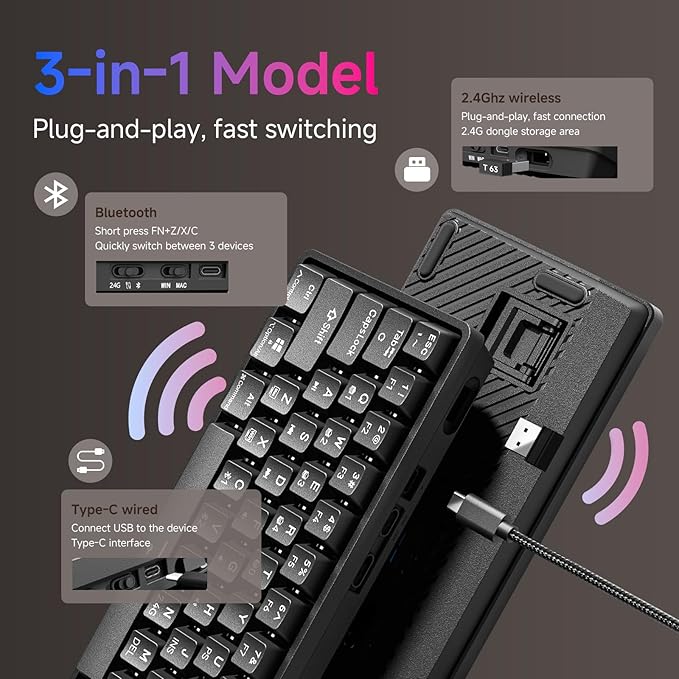 TMKB T63 Gaming Keyboard, 60% Wireless Mechanical Keyboard with Bluetooth/2.4G/Type-C, Compact 63 Keys Anti-Ghosting, RGB Backlight, Clicky Blue Switch - Black