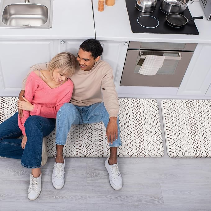 KIMODE Anti Fatigue Kitchen Mats 2PCS 17"x59"+17"x29", Cushioned Boho Kitchen Runner Rugs,Non Slip Waterproof Kitchen Mats for Floor,Comfort Standing Desk Mat for Home,Sink,Laundry,Brown and White