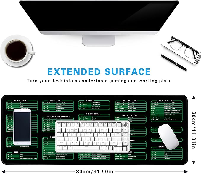 Excel Cheat Sheet Desk Pad, 31.5"x11.8", Waterproof Extra Large Excel Shortcut Mat with Stitched Edges, Anti-Slip Excel Mouse Pad for Office Desk, MS Excel/Word Shortcuts (Green Excel A)